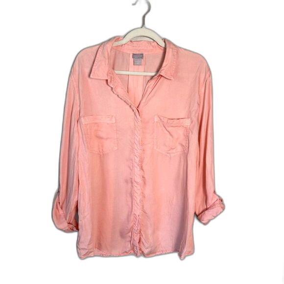 Chico's Tops - Chico's Women's Plus Size 4 XXL Pink Raw Fringe Trim Roll Tab Sleeve Blouse